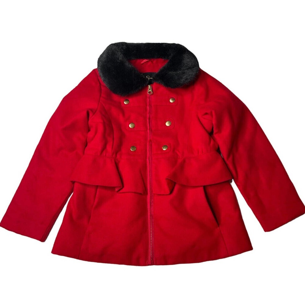 Girls Jessica Simpson Red Faux Wool Pea Coat Black Faux Fur Collar‎ Winter Sz 6X